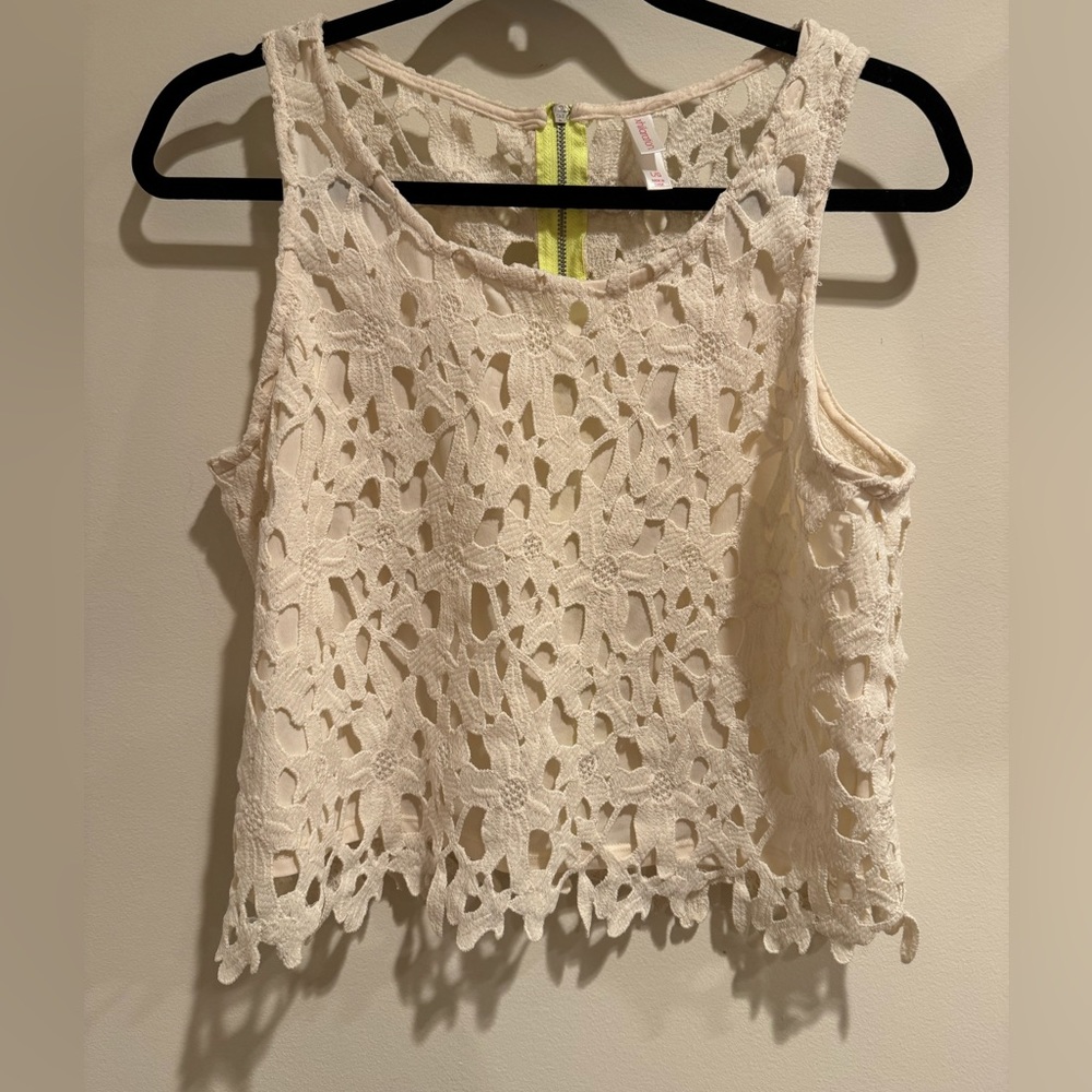 Crochet Crop Tank, Cream Puff, open lace in back, L